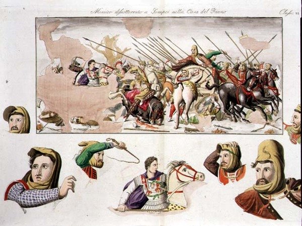 نسخة من فسيفساء الإسكندر من House of the Faun ، بومبي ، اللوحة 10 ، الفئة 6 من الجزء الأول من `` تاريخ الأمم '' (أكواتينت) بواسطة المدرسة الايطالية