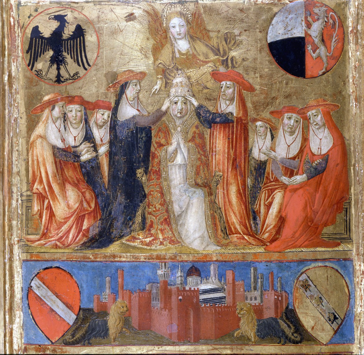 تتويج بيوس الثاني (Enea Silvio Piccolomini) (1405-1464). البابا الإيطالي (1458 - 1464). يقع الطابق السفلي في مدينة سيينا المحصنة. Bicherna (غلاف السجل المحاسبي لمدينة سيينا) من عام 1460. الأرشيف الوطني - Museo delle Tavolette de B بواسطة المدرسة الايطالية