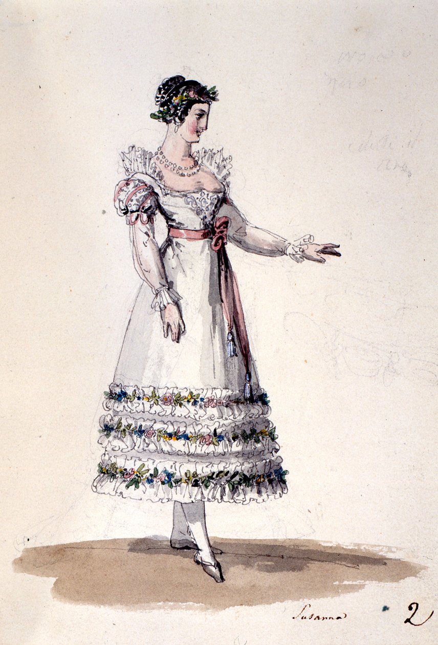 تصميم أزياء سوزانا ، من "زواج فيجارو" بقلم فولفغانغ أماديوس موزارت ، حوالي عام 1880 (لون ليثو) بواسطة المدرسة الايطالية