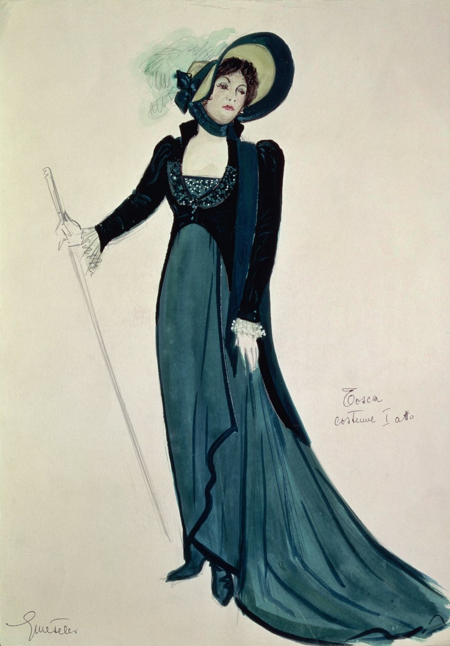 تصميم أزياء لـ Tosca ، من أوبرا &39;Tosca&39; من Puccini (قلم رصاص ومرحاض على الورق) بواسطة المدرسة الايطالية