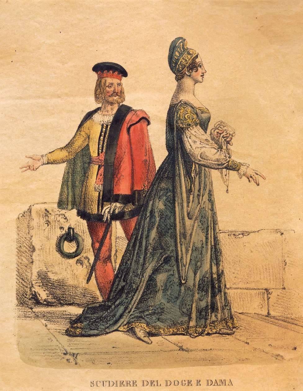 Costume design for a squire of the Doge and a lady, from 