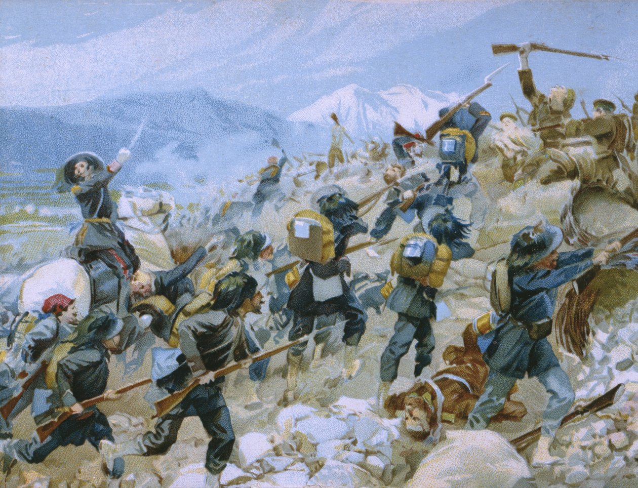 حرب القرم ومعركة تشيرنايا ، 16 أغسطس 1855 ، توضيح من ألبوم عن تاريخ Risorgimento المصنوع للشوكولاتة Talmone ، أواخر القرن التاسع عشر بواسطة المدرسة الايطالية