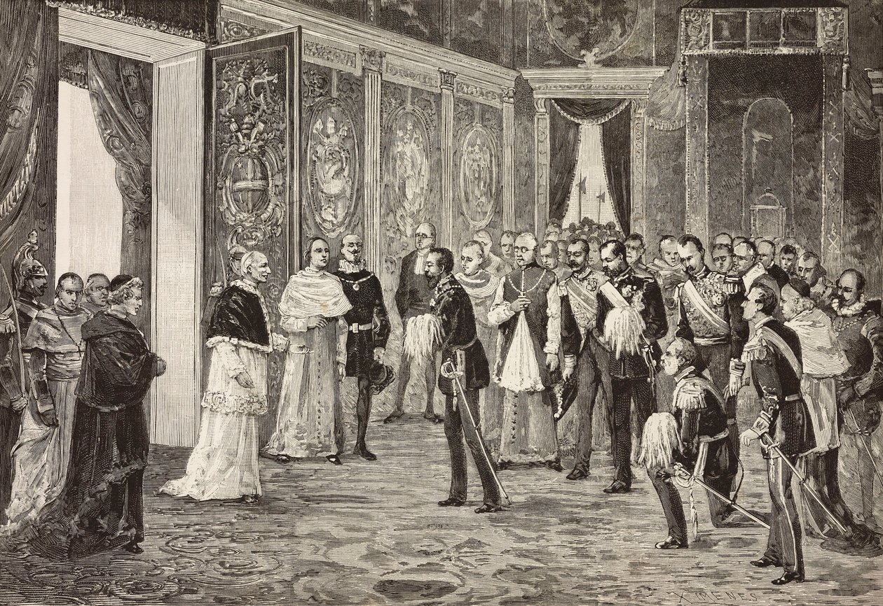 Crown prince of Germany (future Frederick III) being received by Pope Leo XIII in Throne room, Vatican, engraving from drawing by Ximenes from sketch by Dal Don, from L