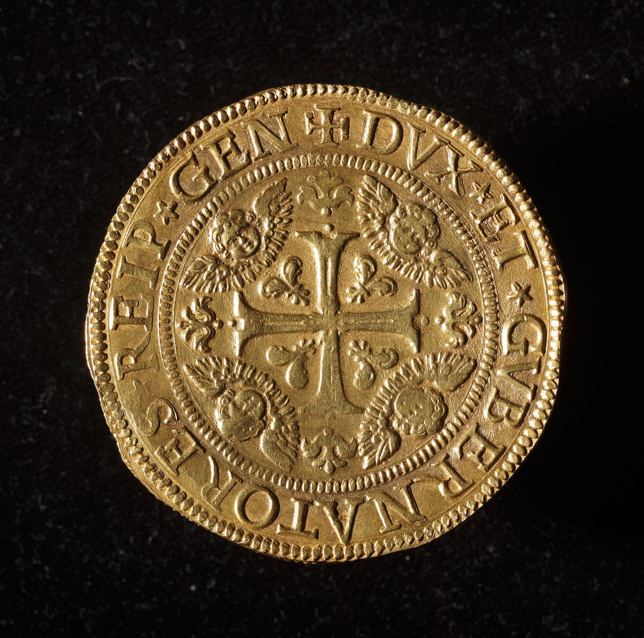 عملة جمهورية الجينات: 12.5 عملة ذهبية مزدوجة. ديم. 61 ملم 1656. الجبهة. الجينات Musei di Strada Nuova (رقم الجرد 6456) بواسطة المدرسة الايطالية