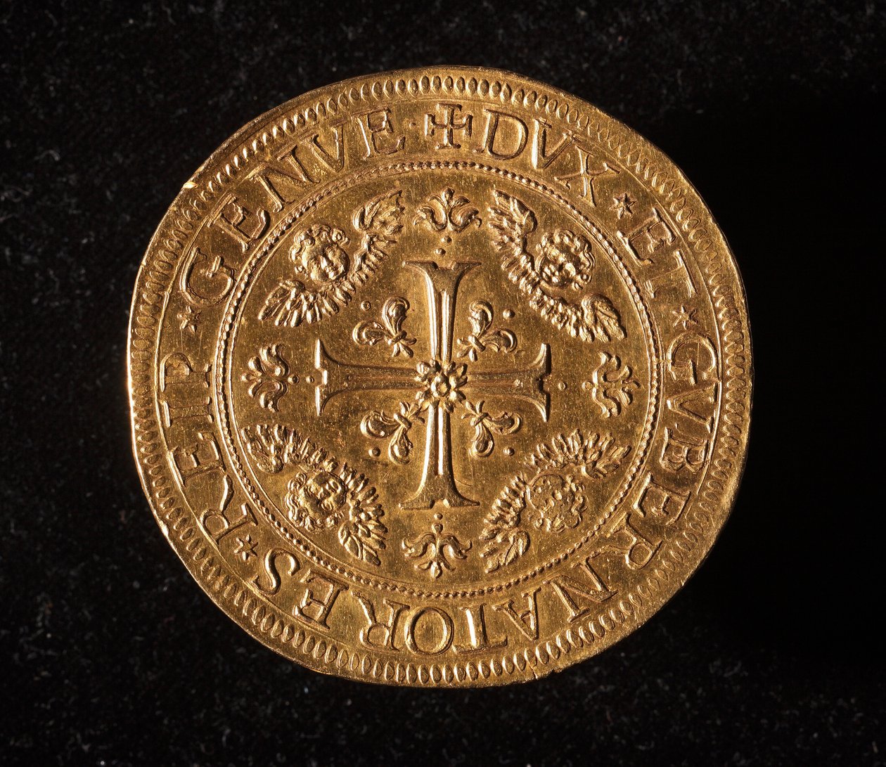 عملة جمهورية الجينات: 25 عملة ذهبية مزدوجة. ديم. 52.5 ملم 1694. الجبهة. الجينات Musei di Strada Nuova (رقم الجرد 6457) بواسطة المدرسة الايطالية