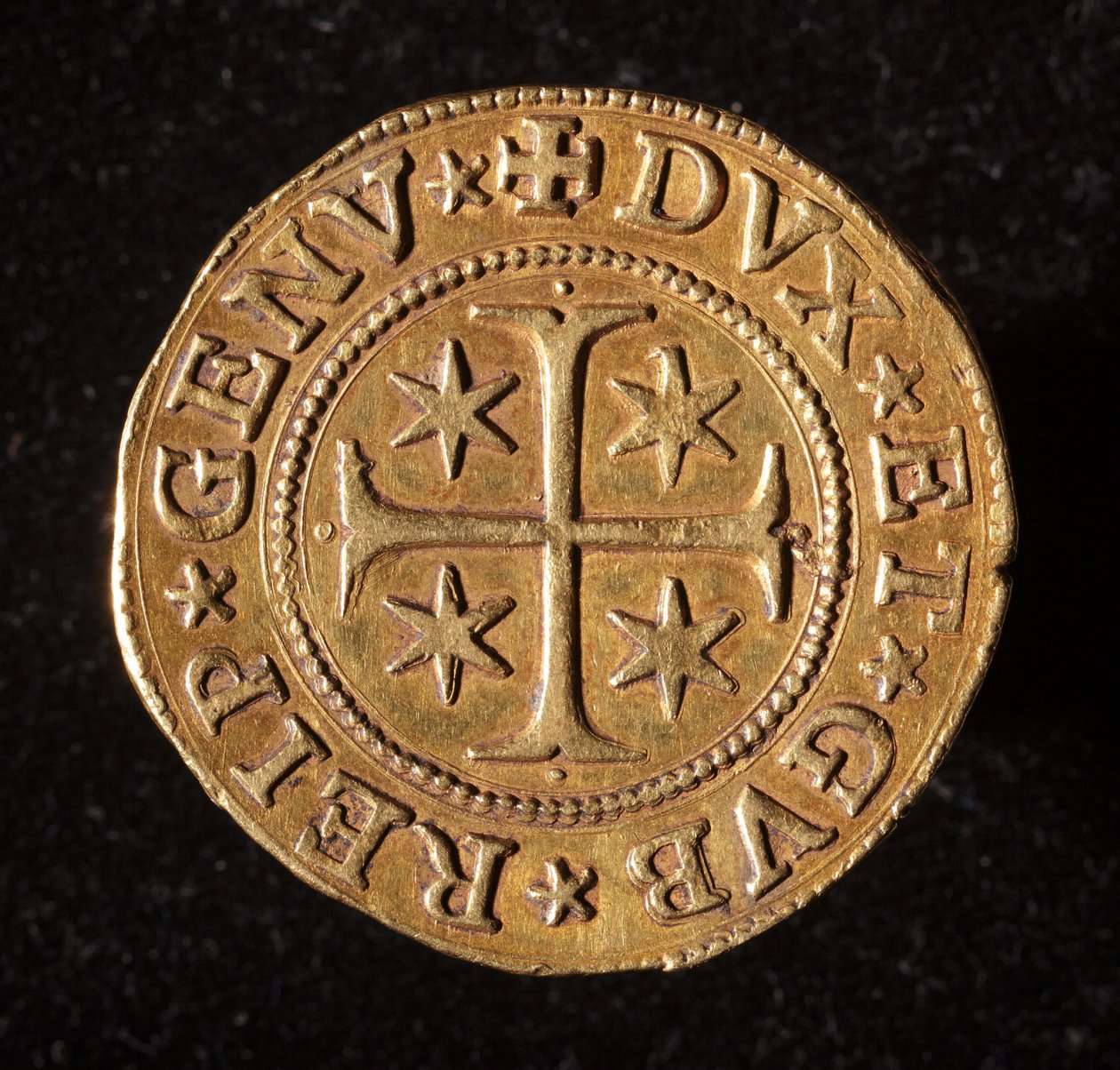 عملة جمهورية الجينات: خمس عملات ذهبية مزدوجة. ديم. 41 ملم 1642. الجبهة. الجينات Musei di Strada Nuova بواسطة المدرسة الايطالية