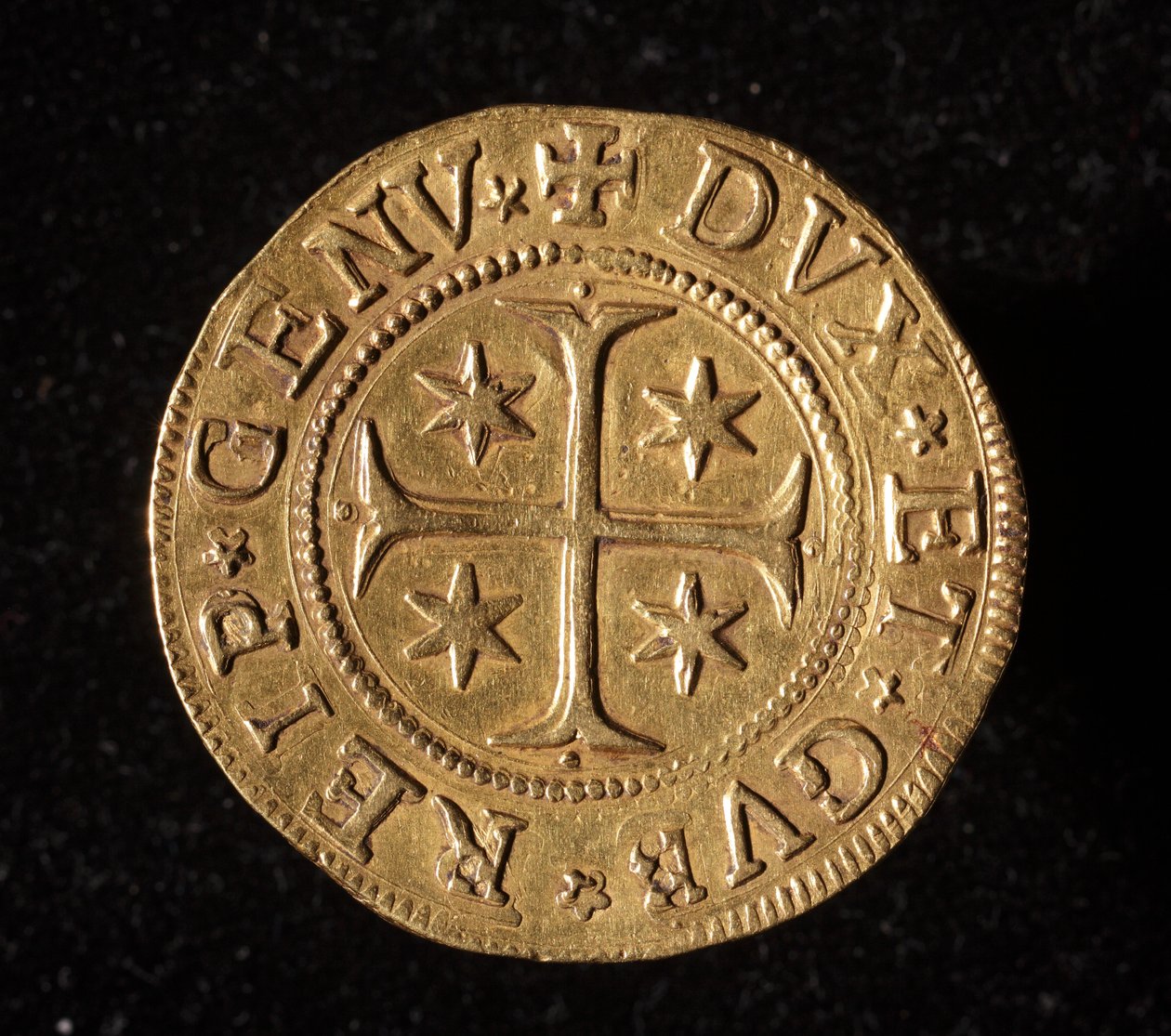 عملة جمهورية الجينات: خمس عملات ذهبية مزدوجة. ديم. 41 ملم 1652. الجبهة. الجينات Musei di Strada Nuova بواسطة المدرسة الايطالية