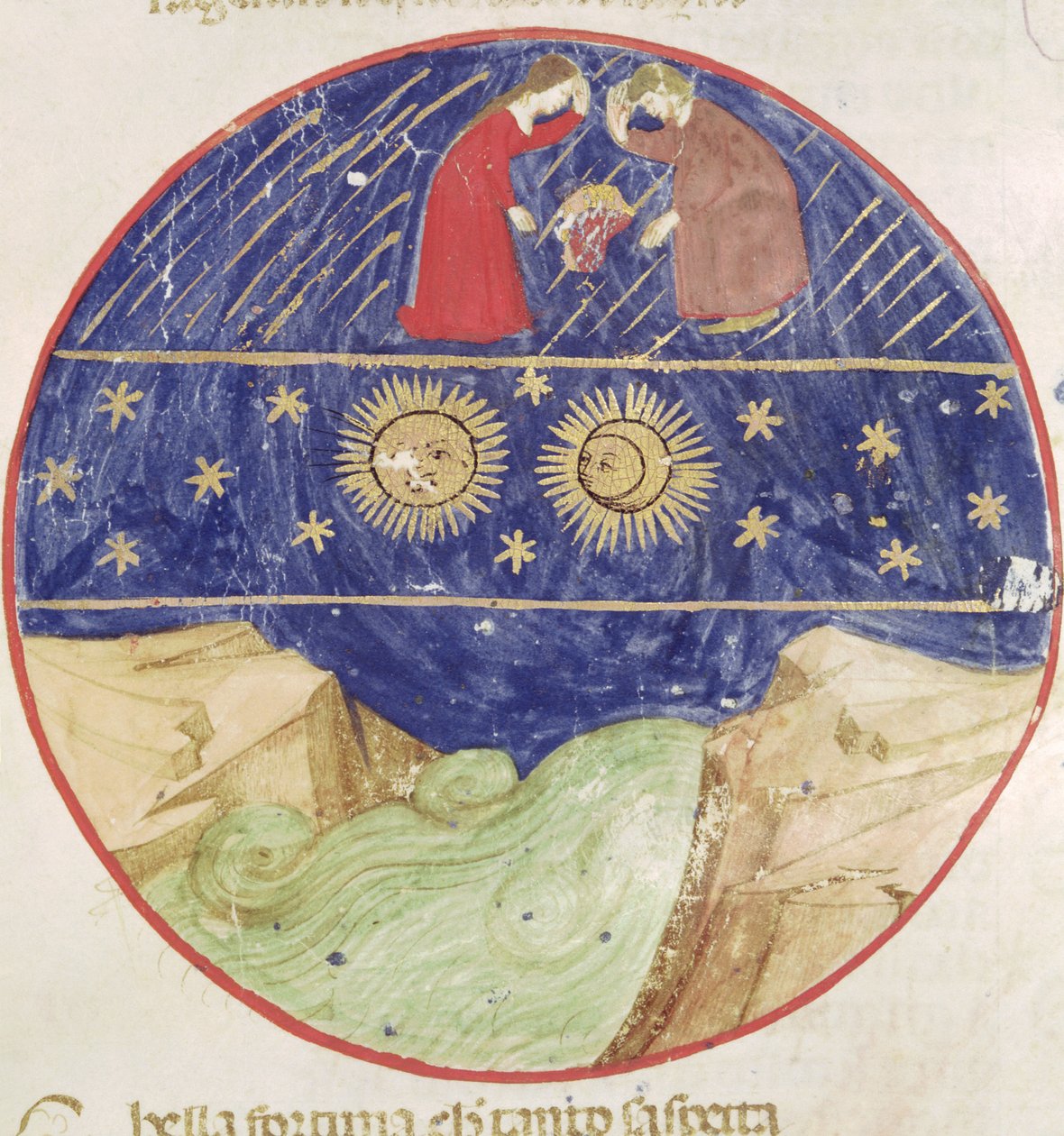 دانتي وبياتريس يفكران في علامة الجوزاء والكواكب والأرض من Divina Commedia بواسطة دانتي أليغييري (1265-1321) بواسطة المدرسة الايطالية