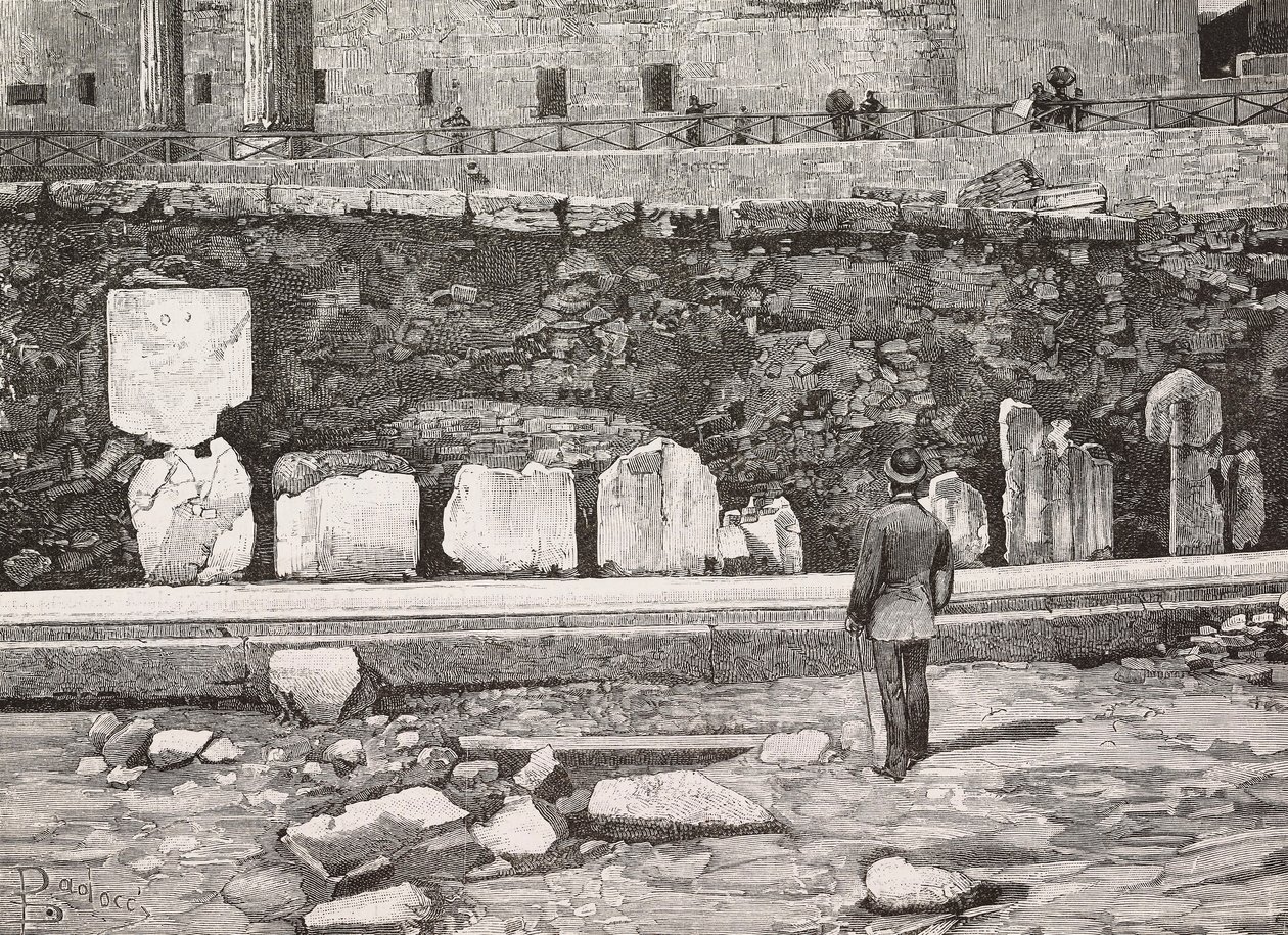 Decorative hemicycle in Roman Forum, Rome, Italy, engraving from drawing by Dante Paolocci, from L