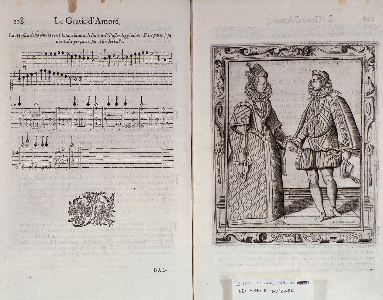 وصف باليه لصفحتين مزدوجتين من Le Gratie dAmore (Le Grazie dAmore) للراقصة الإيطالية سيزار نيجري تسمى Il Trombone (1536-1604) ، معاهدة على الرقص بواسطة المدرسة الايطالية