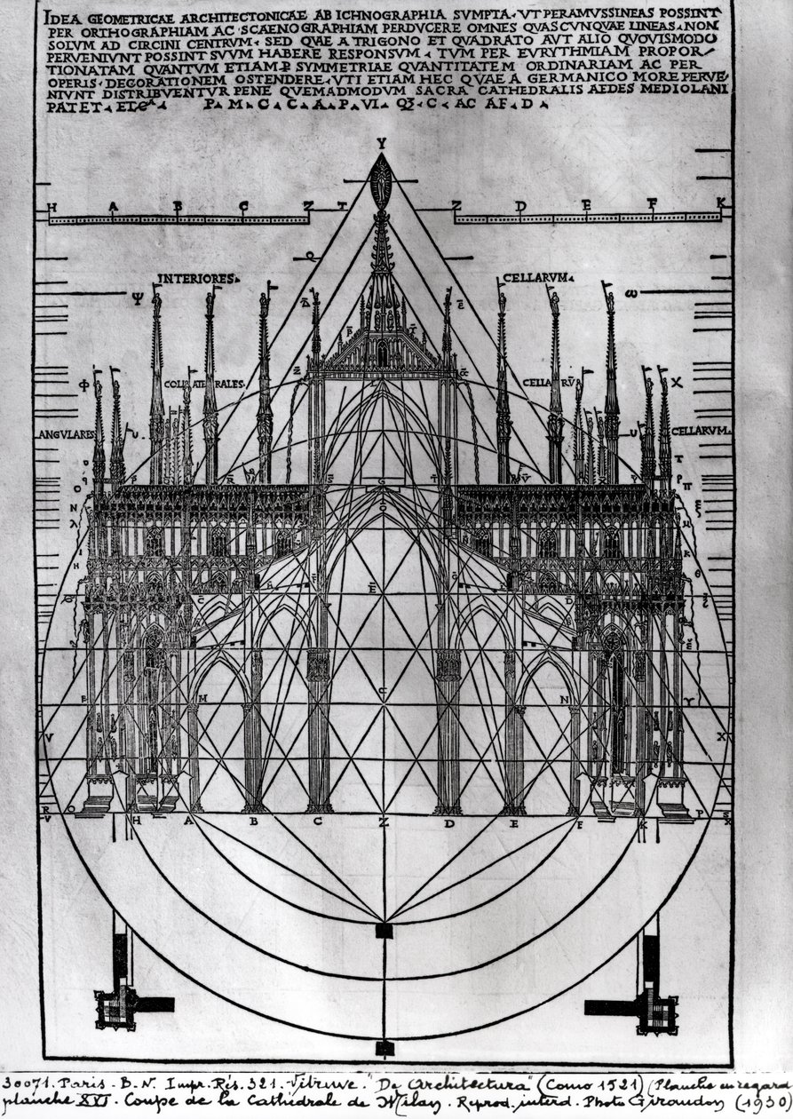 تصميم كاتدرائية ميلانو ، رسم توضيحي من De Architectura بواسطة Vitruvius ، Como ، 1521 بواسطة المدرسة الايطالية