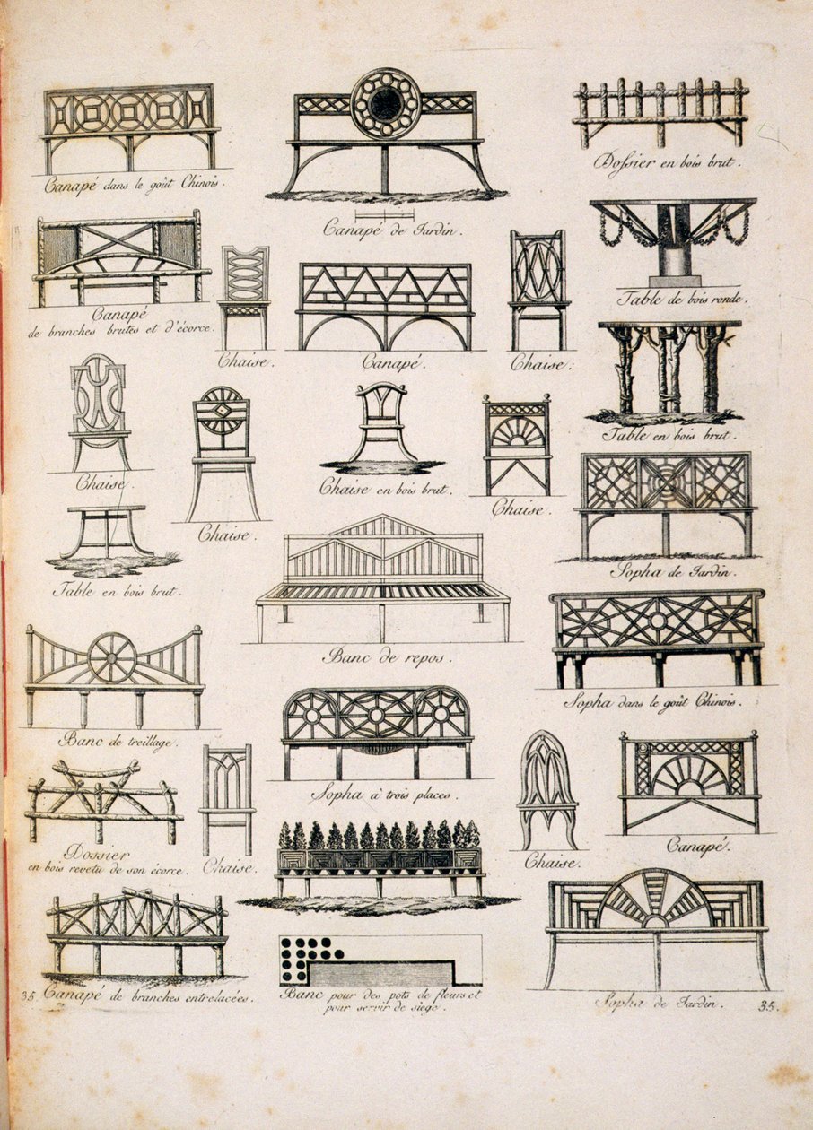 تم نشر تصاميم مقاعد الحديقة ، من A Compendium of Drawings ، من قبل JG Grohmann ، 1805 بواسطة المدرسة الايطالية