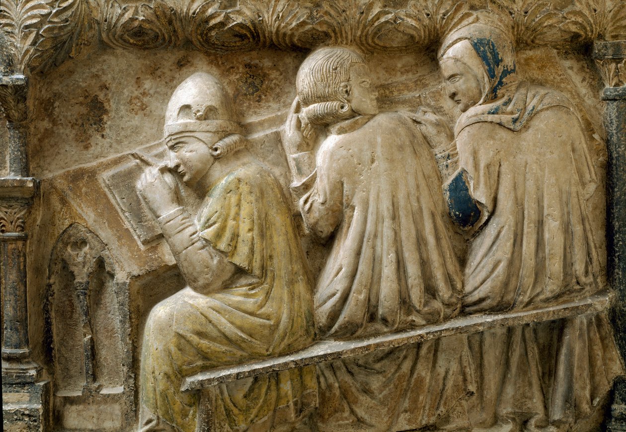 Detail representing students following the course of Bonifacio Galluzzi (Grave slab, circa 1346) بواسطة المدرسة الايطالية