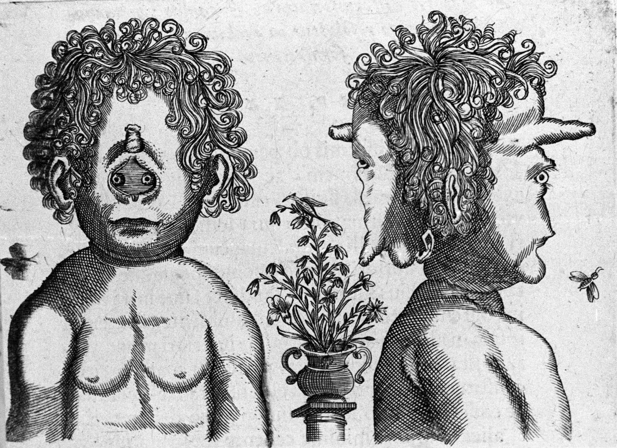 أنواع مختلفة من الوحوش البشرية: وجه ووجه رأس الوحش. نقش من "De monstrorum natura، reasonis et differentiis" لعالم إيطالي Fortunio Liceti (1577-1656). 1646 بواسطة المدرسة الايطالية