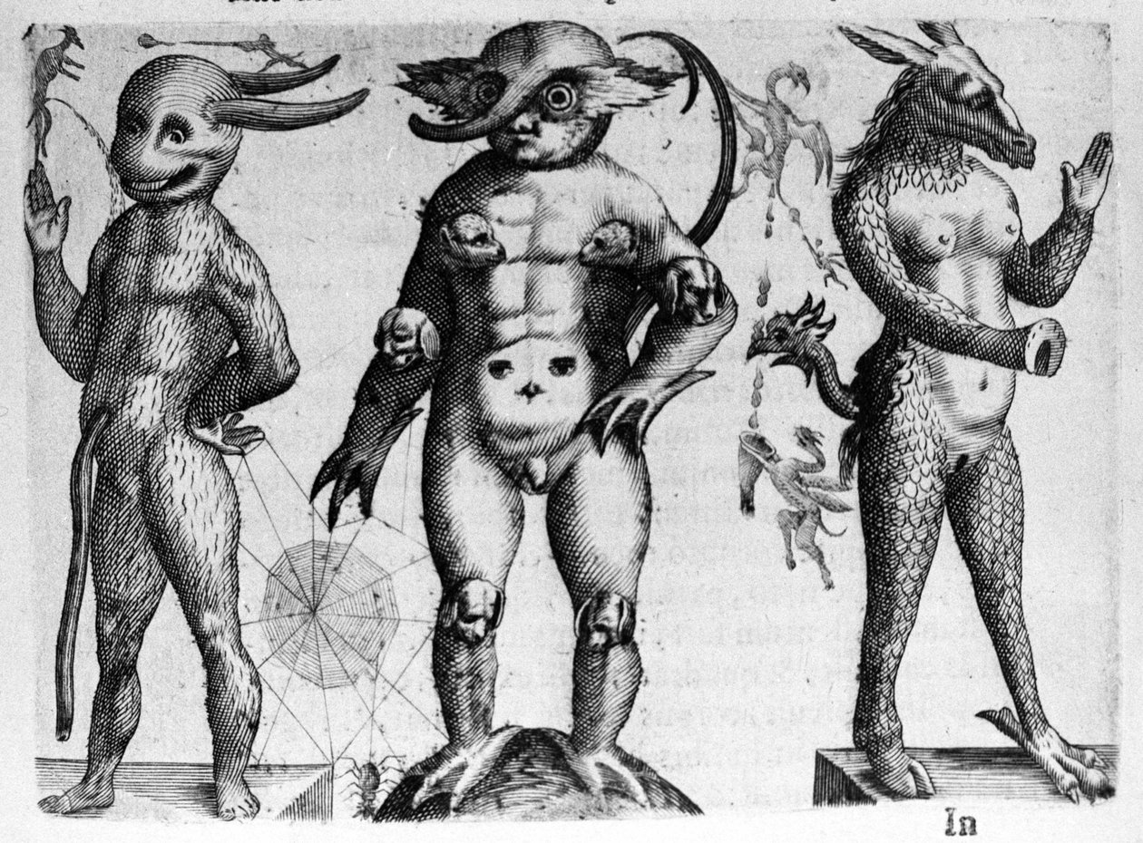 أنواع مختلفة من الوحوش البشرية ذات أجسام نصف بشرية ونصف حيوانية. نقش من "De monstrorum natura، reasonis et differentiis" لعالم إيطالي Fortunio Liceti (1577-1656). 1646 بواسطة المدرسة الايطالية