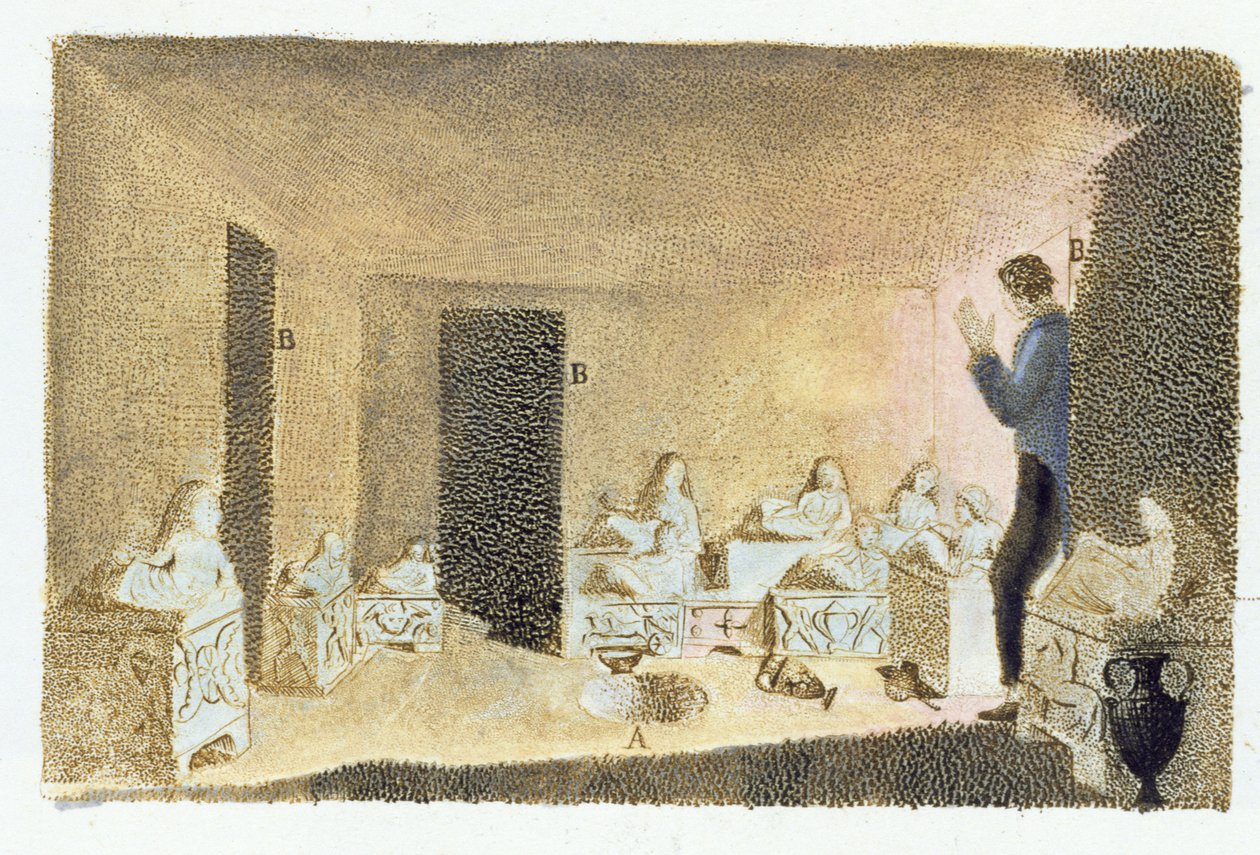 اكتشاف مقابر الأتروسكان. رسم توضيحي من Monumenti Etruschi بواسطة فرانشيسكو إنغيرامي (1772-1846) ، نشر في Fiesole ، 1825 (نقش الألوان) بواسطة المدرسة الايطالية