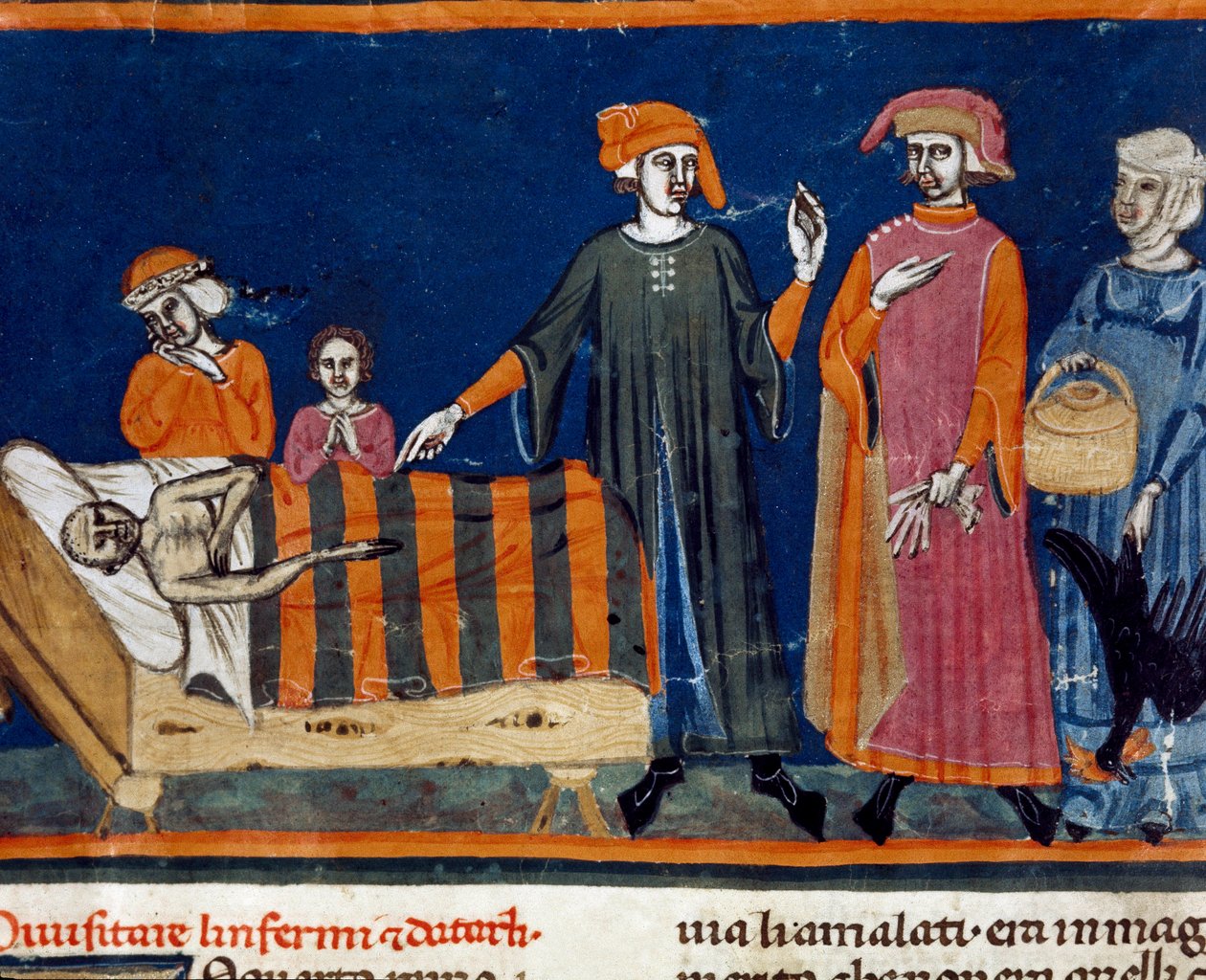 أرصفة بجانب سرير مجسم صغير لمدرسة فلورنسا من طبعة ملحق لـ "Pater noster" لسير Zucchero Bencivenni (MS.II.VI 16) بداية القرن الرابع عشر ، مكتبة فلورنسا الوطنية بواسطة المدرسة الايطالية
