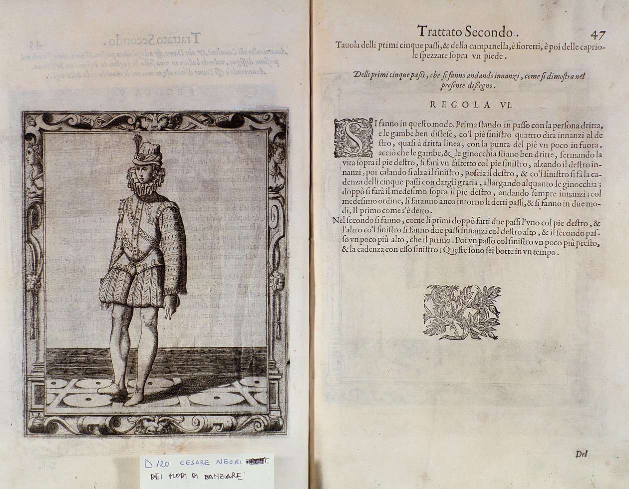 صفحة مزدوجة من Le Gratie dAmore (Le Grazie dAmore) للراقصة الإيطالية سيزار نيجري تسمى Il Trombone (1536-1604) ، معاهدة على الرقص بواسطة المدرسة الايطالية