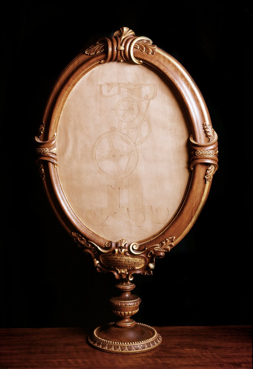 رسم تطبيق دراسة عالم الفلك والفيزياء الإيطالي جاليليو جاليلي ديت جليل (1564-1642) لحركة البندول الذي يزنه على مدار الساعة وقياس الوقت. نسخة من الرسم الأصلي لعالم الرياضيات فينسينزو فيفيا بواسطة المدرسة الايطالية