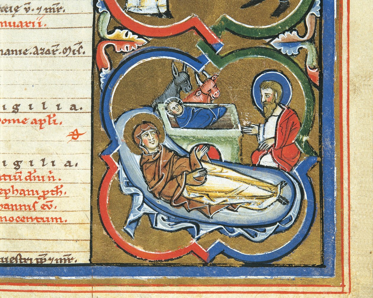 Elizabethan calendar, December, Nativity (pen & ink, tempera and gold leaf on vellum) بواسطة المدرسة الايطالية