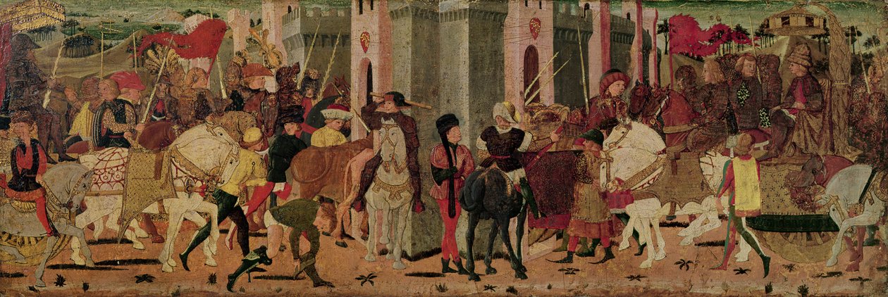 دخول تيتوس فلافيوس فيسباسيان (9-79 م) وتيتوس (38-91 م) إلى روما ، حوالي 1450 (زيت على لوح) بواسطة المدرسة الايطالية