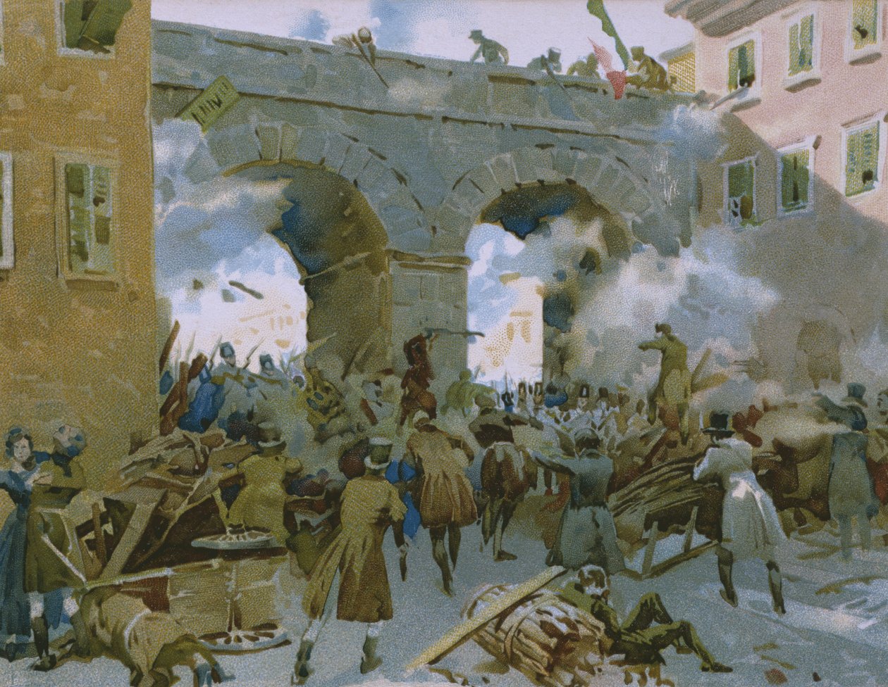 الأحداث من 18 إلى 22 مارس 1848 ، ميلانو يطارد النمساويين ، توضيح من ألبوم عن تاريخ Risorgimento المصنوع للشوكولاتة Talmone ، أواخر القرن التاسع عشر بواسطة المدرسة الايطالية
