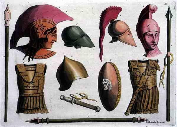 أمثلة على الأسلحة والدروع الأترورية ، من "Costumi dei Romani" ، محفور بواسطة DK Bonatti ، 1805-20 (مائية) بواسطة المدرسة الايطالية