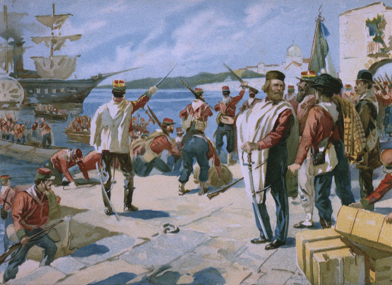 رحلة ألف تحت قيادة جوزيبي غاريبالدي ، هبطت في مارسالا ، صقلية ، 1860 ، توضيح من ألبوم عن تاريخ Risorgimento المصنوع للشوكولاتة Talmone ، في وقت متأخر بواسطة المدرسة الايطالية