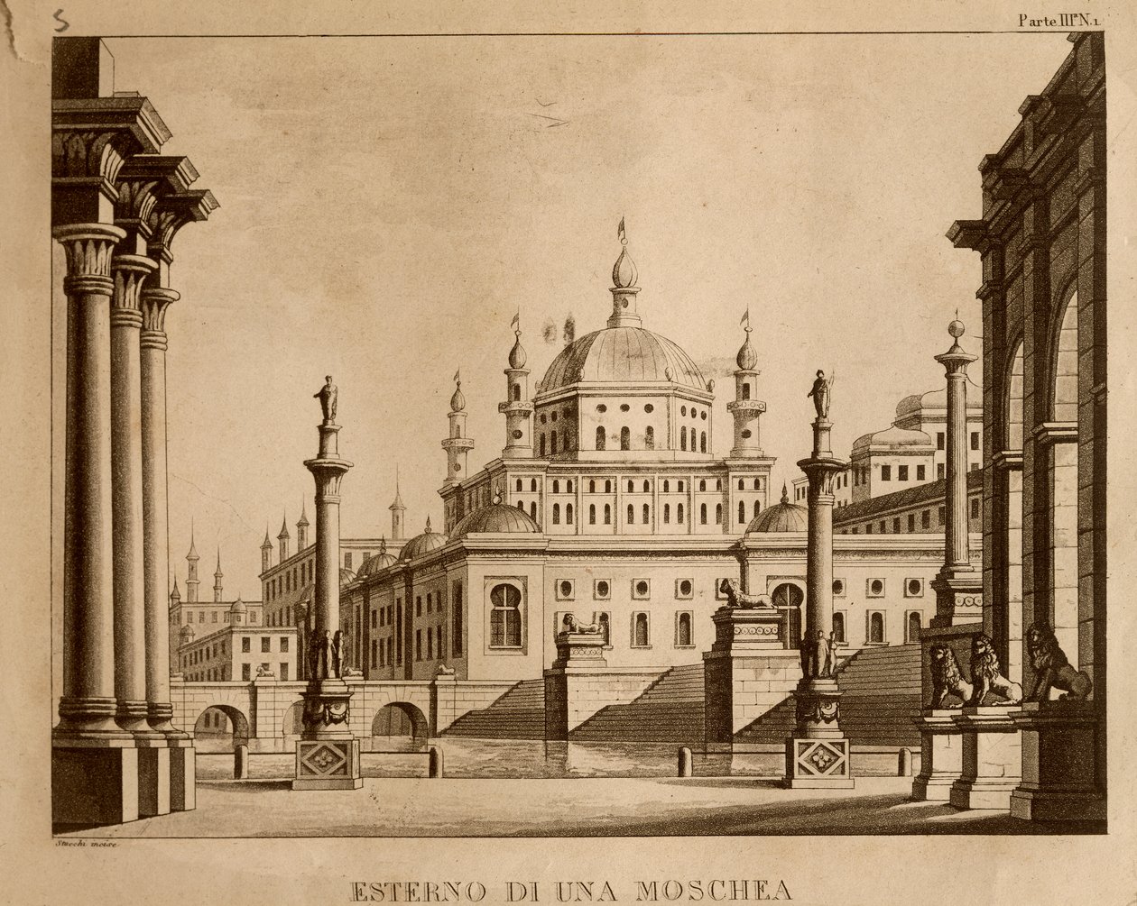 الجزء الخارجي من مسجد ، تم وضع تصميم لـ "Ricciardo and Zoraide" بواسطة Gioachino Rossini (litho) بواسطة المدرسة الايطالية
