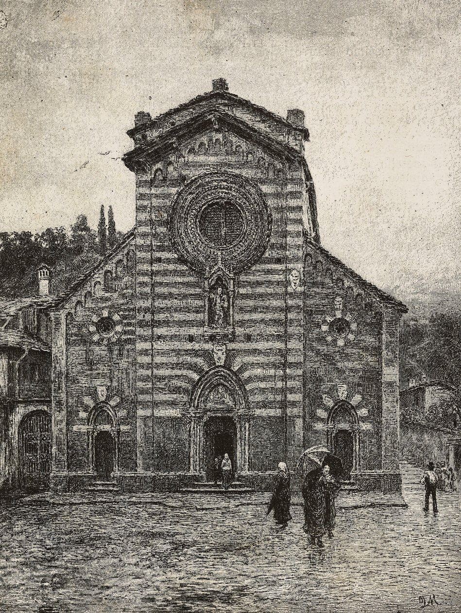 Facade of Bellano cathedral, Lake Como, Italy, engraving from drawing by Quinto Michetti, from L