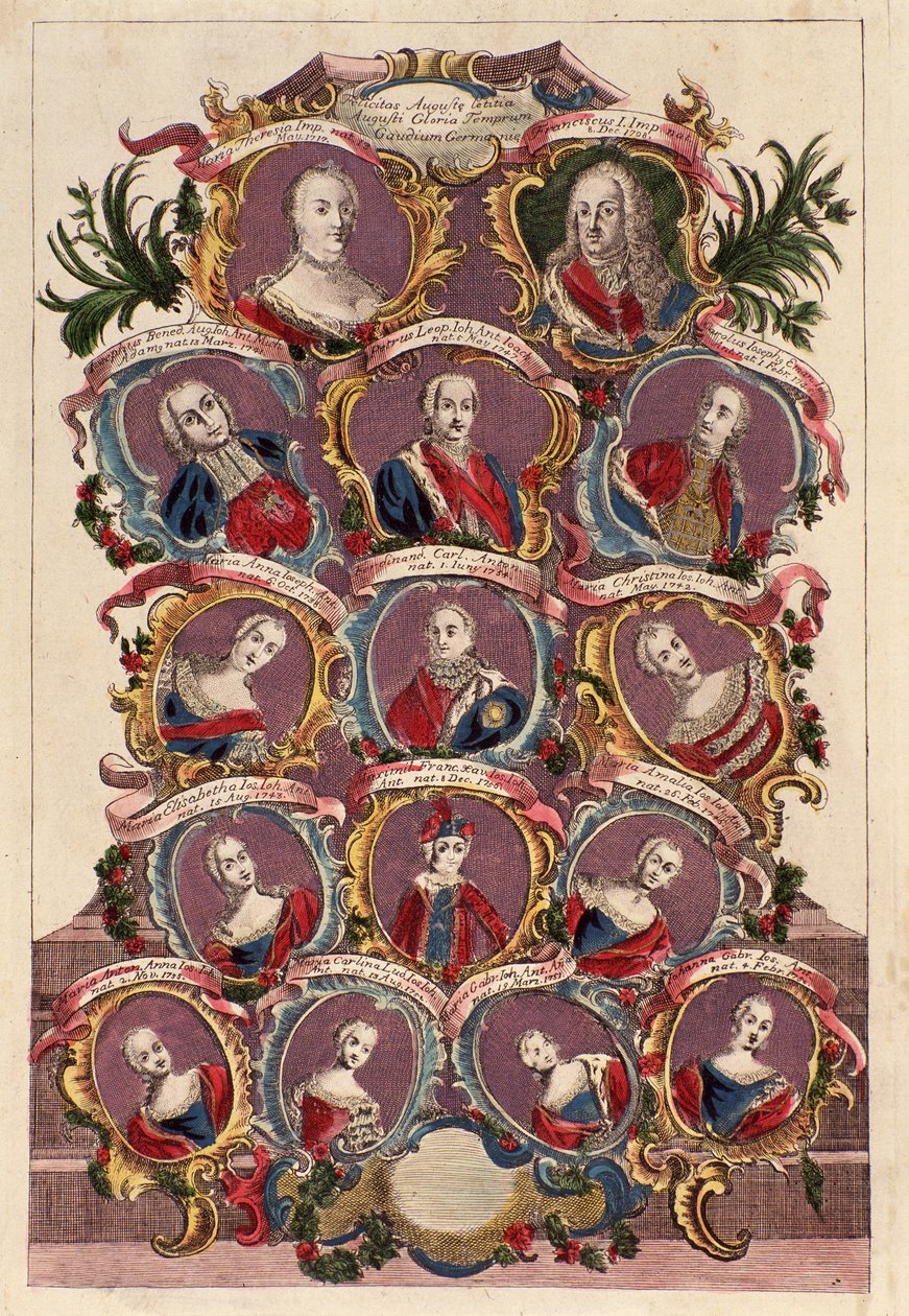 شجرة عائلة الإمبراطورة ماريا تيريزا من هابسبورغ (1717-1780) مع الزوج فرانسيس الأول مع الأطفال: ماريا إليزابيث وجوزيف الثاني وماريا أماليا وليوبولد الثاني وفرديناند وماكسيميليان بواسطة المدرسة الايطالية