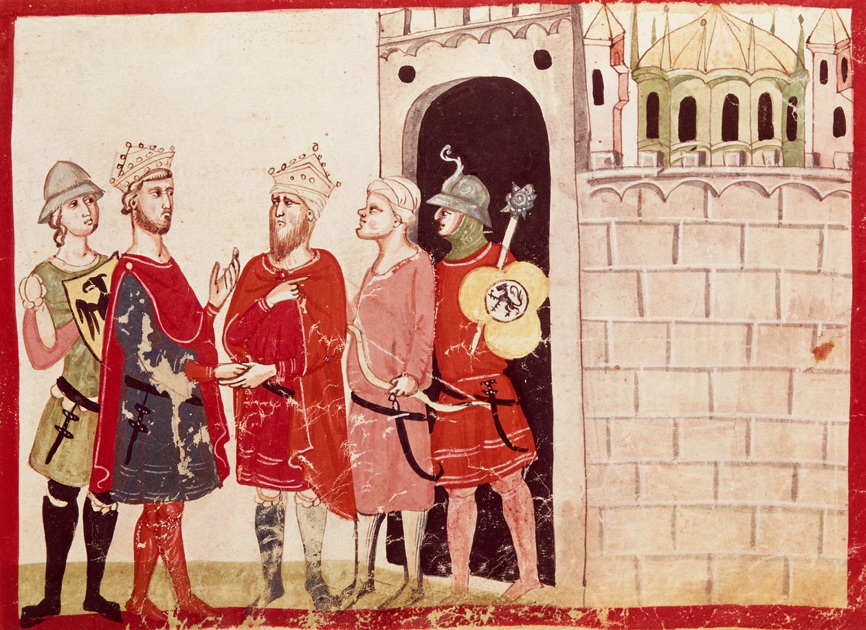 توصل فيديريكو الثاني إلى اتفاق مع سلطان القدس ، منمنمة من سجلات جيوفاني فيلاني ، مخطوطة ، إيطاليا القرن الرابع عشر. بواسطة المدرسة الايطالية