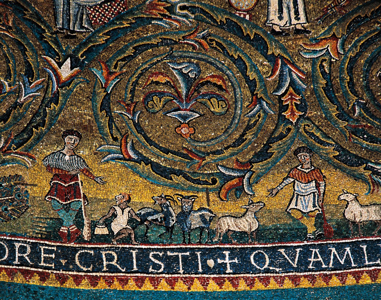 Figures of shepherds and animals, detail from Triumph of Cross from medallion of apse (mosaic) بواسطة المدرسة الايطالية
