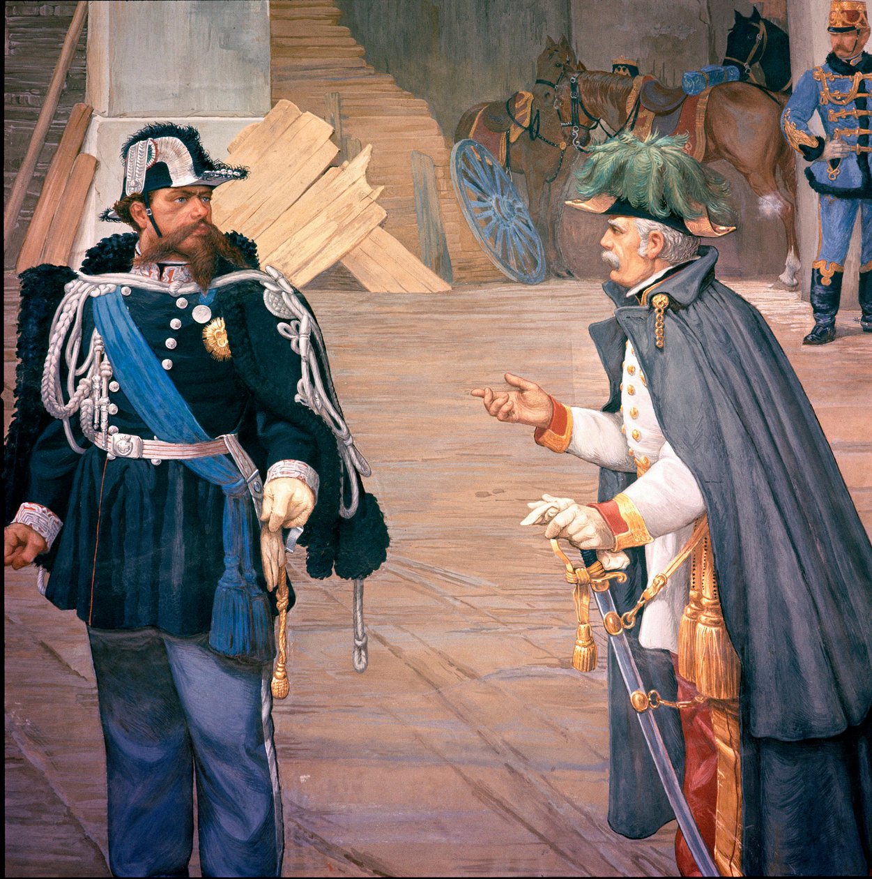 First Italian Independence War: “” the Battle of Novara (Novara) on 13/09/1849”” Also called the Battle of the Bicoque. Vittorio Emanuele (Victor Emmanuel) (Victor-Emmanuel) II (1820-1870) and Joseph Radetzky (1766-1858) after the battle. Detail of a fresc بواسطة المدرسة الايطالية