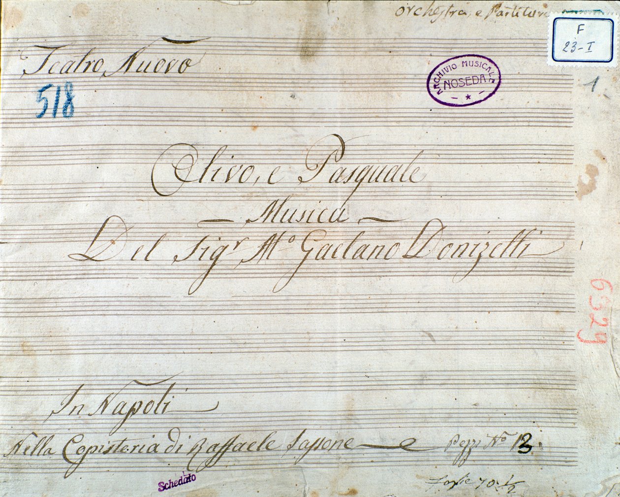 الصفحة الأولى من النوتة الموسيقية لأوبرا "Olivo e Pasquale" بقلم Gaetano Donizetti (حبر على ورق) بواسطة المدرسة الايطالية