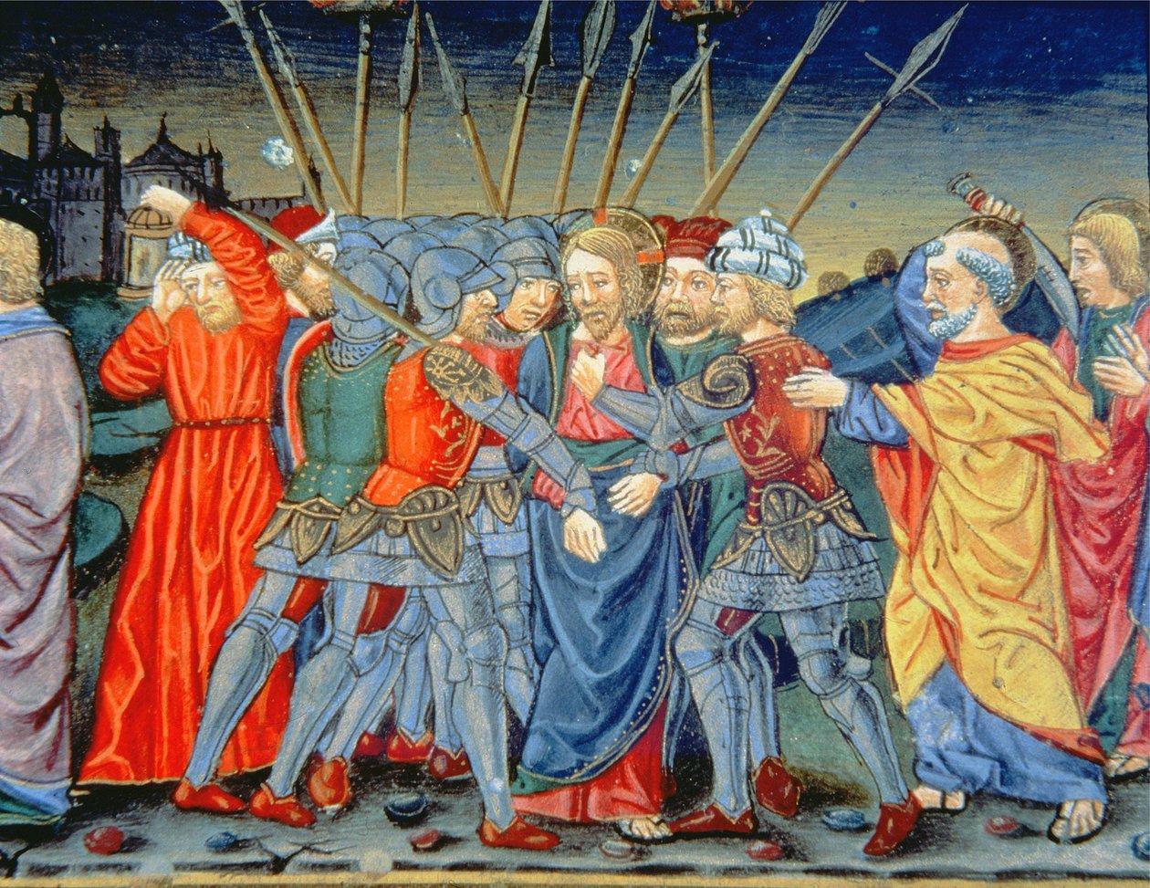 Fol.105v Simon Peter يدافع عن المسيح ويجرح جنديًا بسيف (ورق). بواسطة المدرسة الايطالية