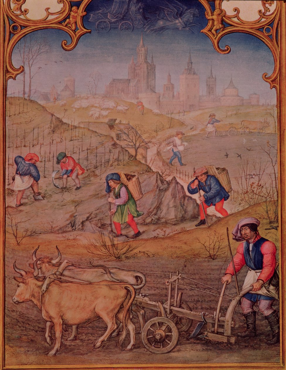 صفحة 3v من شهر مارس: العمل في الحقول ، من Breviarum Grimani بواسطة المدرسة الايطالية