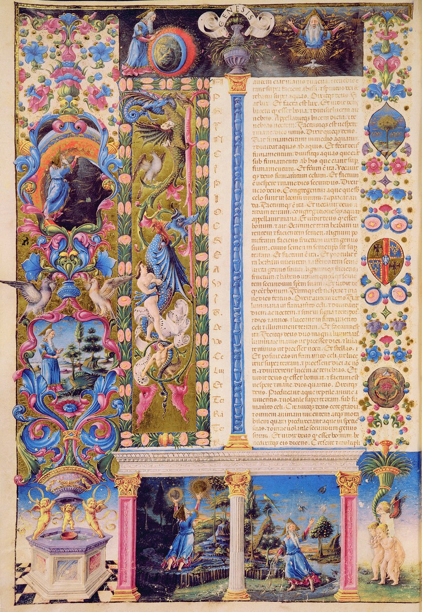 Fol.5v نشأة. خلق الكون ، من الكتاب المقدس بورسو ديست. المجلد. أنا (ورق) بواسطة المدرسة الايطالية