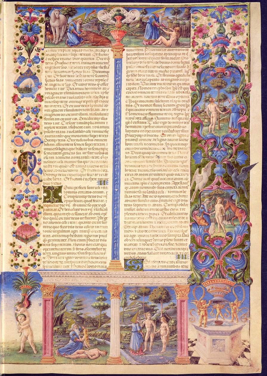 Fol.6r سفر التكوين. خلق آدم وحواء ، من الكتاب المقدس بورسو ديست. المجلد. 1 (ورق) بواسطة المدرسة الايطالية