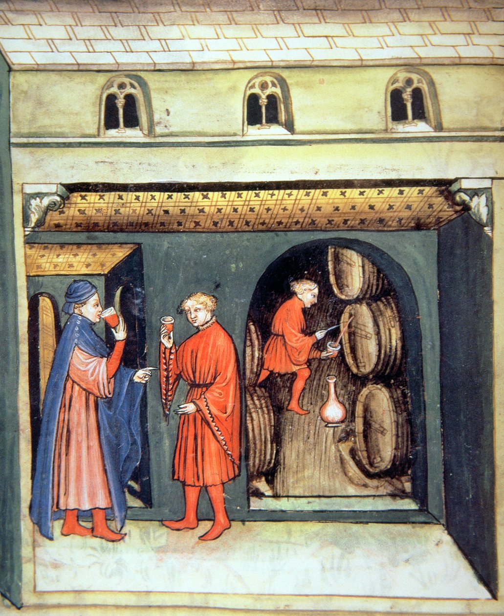 Fol.86v نبيذ فواكه مسن ، توضيح من Tacuinum Santiatis Codex Vindobonensis بواسطة المدرسة الايطالية