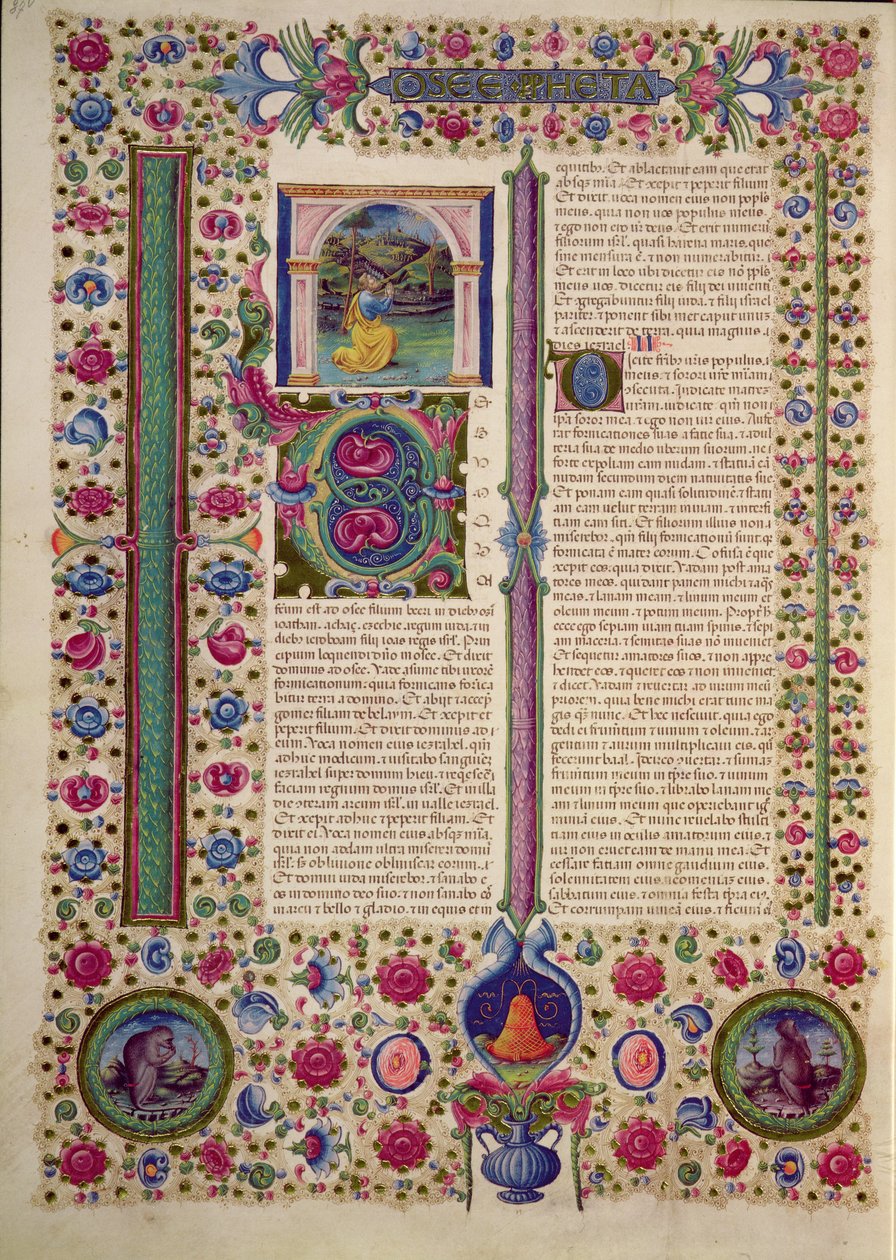 Fol.87v افتتاح كتاب النبي هوشع (نبي صغير يكرز ضد اليهود الوثنيين) ، من الكتاب المقدس بورسو ديستي. المجلد 2 (ورق) بواسطة المدرسة الايطالية