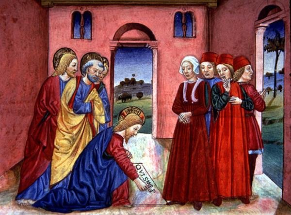 Fol.89r يكتب المسيح على أرضية الهيكل "فليتفضل من هو بلا خطيئة أن يلقي الحجر الأول" (رق) بواسطة المدرسة الايطالية