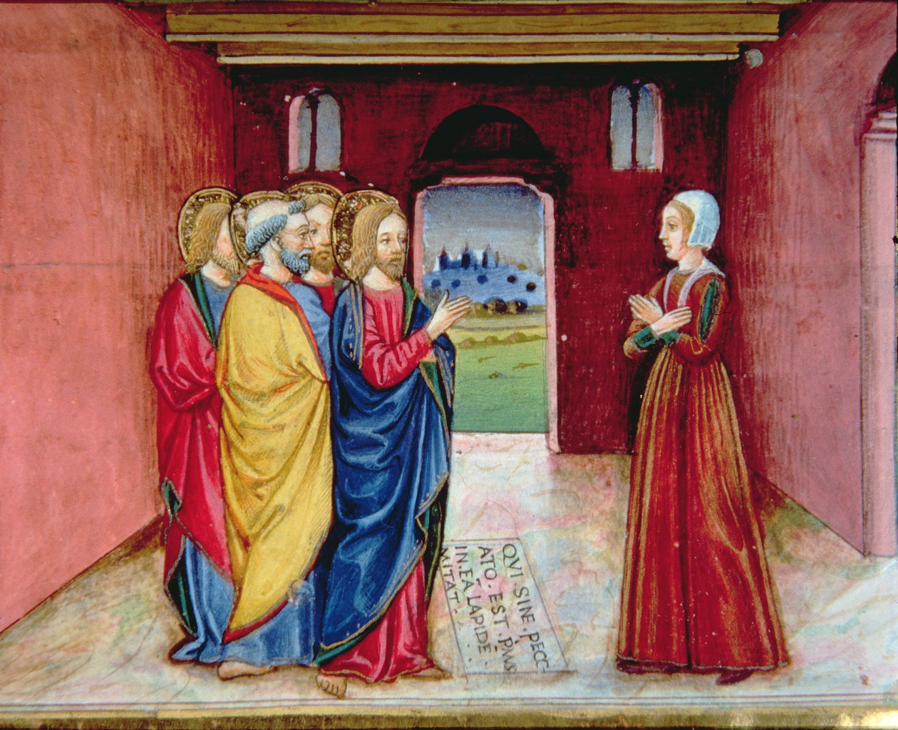 Fol.89v المسيح يحذر الزانية من ارتكاب الخطيئة مرة أخرى (الرق) بواسطة المدرسة الايطالية