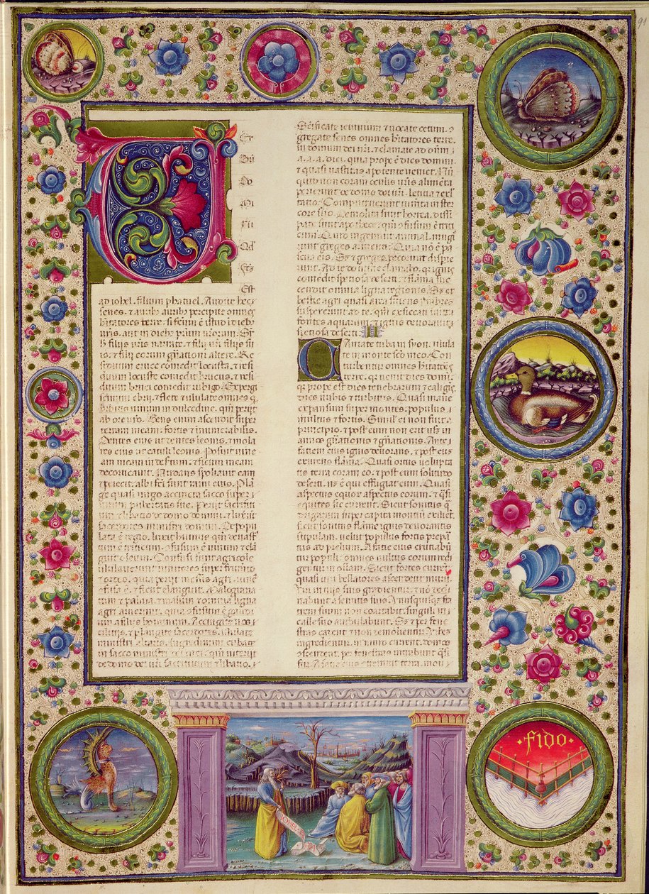 Fol.91r كتاب النبي جويل (نبي صغير من القرن الثامن قبل الميلاد وعظ في القدس) ، مأخوذ من الكتاب المقدس بورسو ديستي. المجلد 2 (ورق) بواسطة المدرسة الايطالية