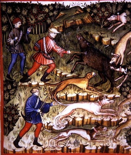 Fol.96r صيد الحيوانات ، رسم توضيحي من "Tacuinum Santiatis Codex Vindobonensis" (رق) بواسطة المدرسة الايطالية