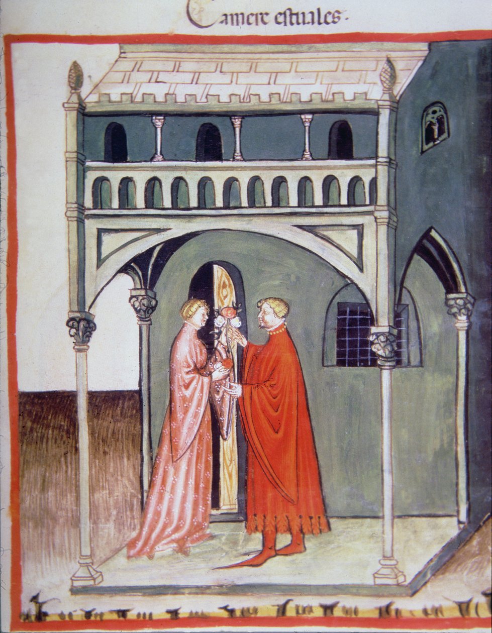 Fol.97r غرفة صيفية ، رسم توضيحي من Tacuinum Santiatis Codex Vindobonensis بواسطة المدرسة الايطالية
