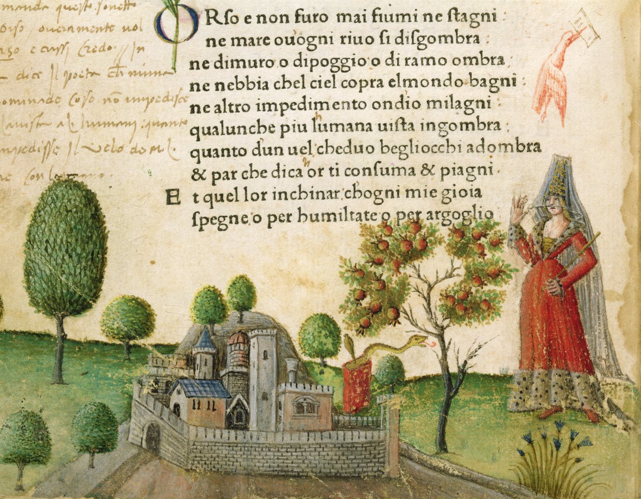 Fol. 17v ، "Bear ولم تكن هناك أنهار أو برك قط" ، من "Canzoniere e Trionfi" بقلم بترارك ، حوالي 1470 بواسطة المدرسة الايطالية