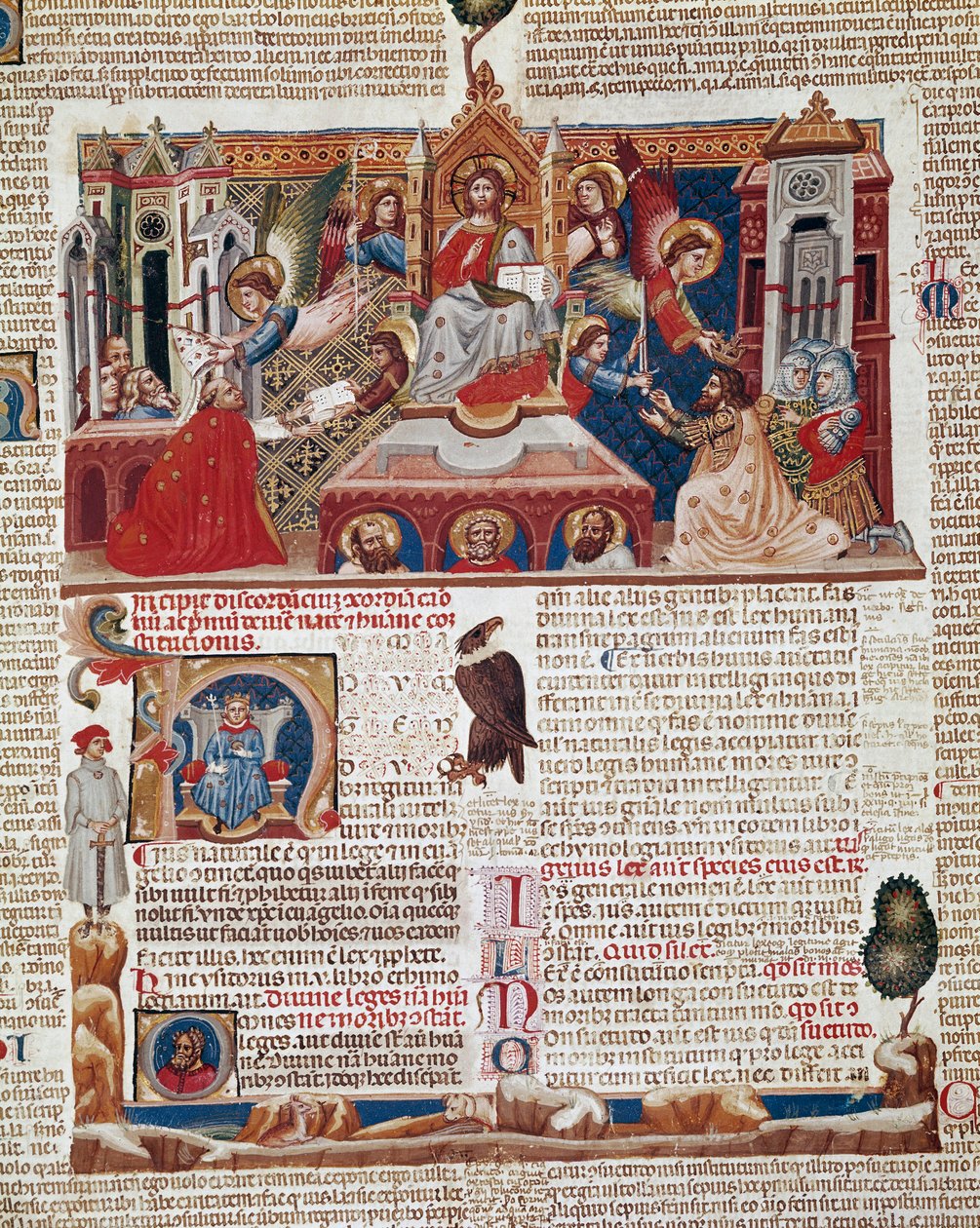 الصفحة الأولى من مخطوطة "Decret de Gratien" ("Concordia discordantium canonum" أو "Decretum Gratiani") التي يرجع تاريخها إلى عام 1140 والتي تنظم قوانين وشرائع الكنيسة الرومانية الكاثوليكية. القرن الرابع عشر سيينا ، مكتبة ديجلي إنتروناتي بواسطة المدرسة الايطالية