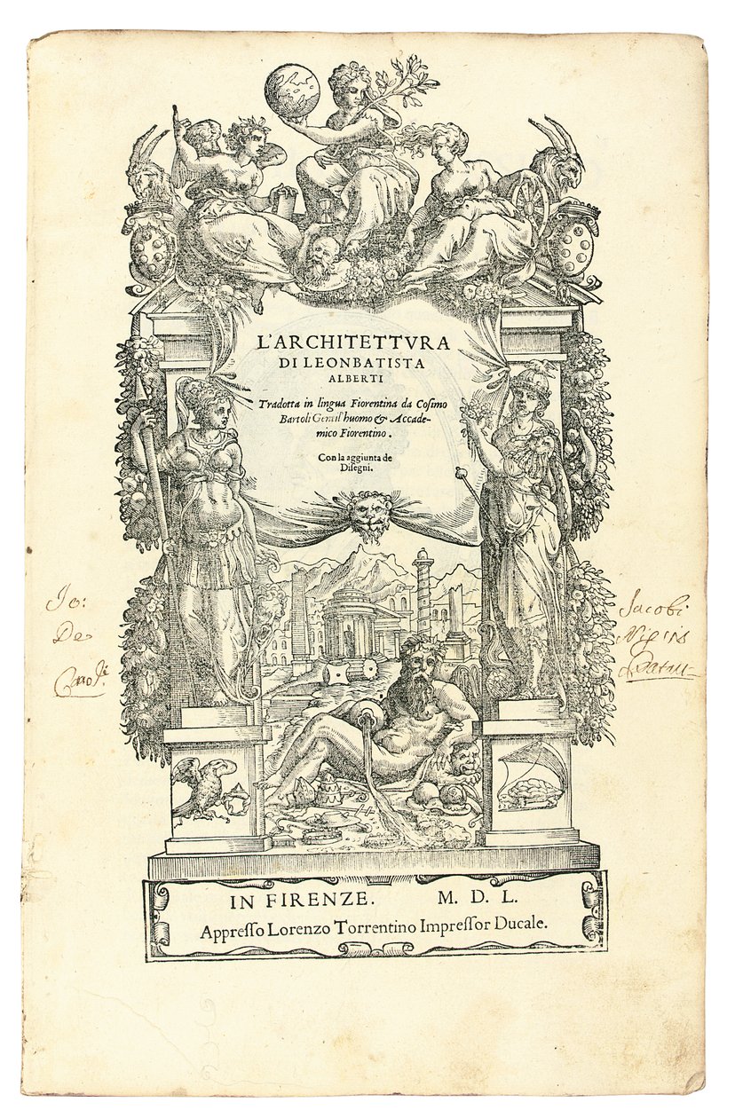صورة أمامية من L&39;Architettura ، بقلم ليون باتيستا ألبيرتي (1404-72) ، ترجمها إلى الإيطالية كوزيمو بارتولي (1503-72). فلورنسا: لورنزو تورينتينو بواسطة المدرسة الايطالية
