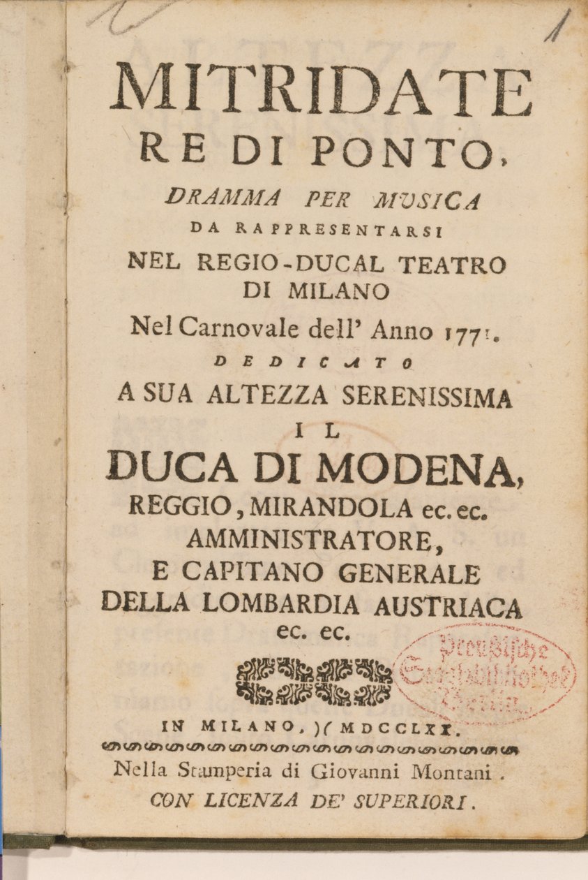 صورة من نسخة مبكرة من Mitridate ، re di Ponte ، أوبرا من تأليف Wolfgang Amadeus Mozart ، 1770 بواسطة المدرسة الايطالية